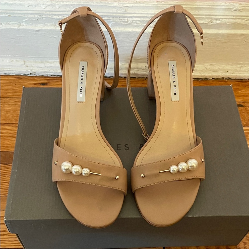 Charles & Keith Tan Pearl-Accent Ankle Strap Block Heels